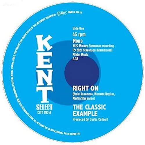 Blue vinyl record label for The Classic Example song Right On on Kent Select.