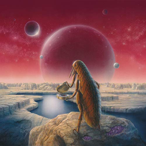 Humanoid flea figure with magnifying glass, planets in a red sky.