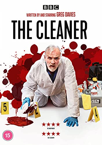 DVD cover for "The Cleaner" featuring Greg Davies in a white suit, blood splatters.