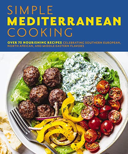 Cookbook cover with meatballs, salad, and yogurt; title reads “Simple Mediterranean Cooking.”
