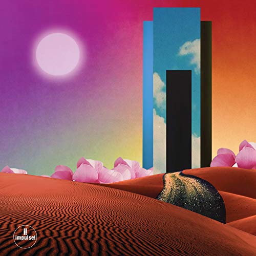 Abstract album cover with a sun, dunes, and geometric shapes.