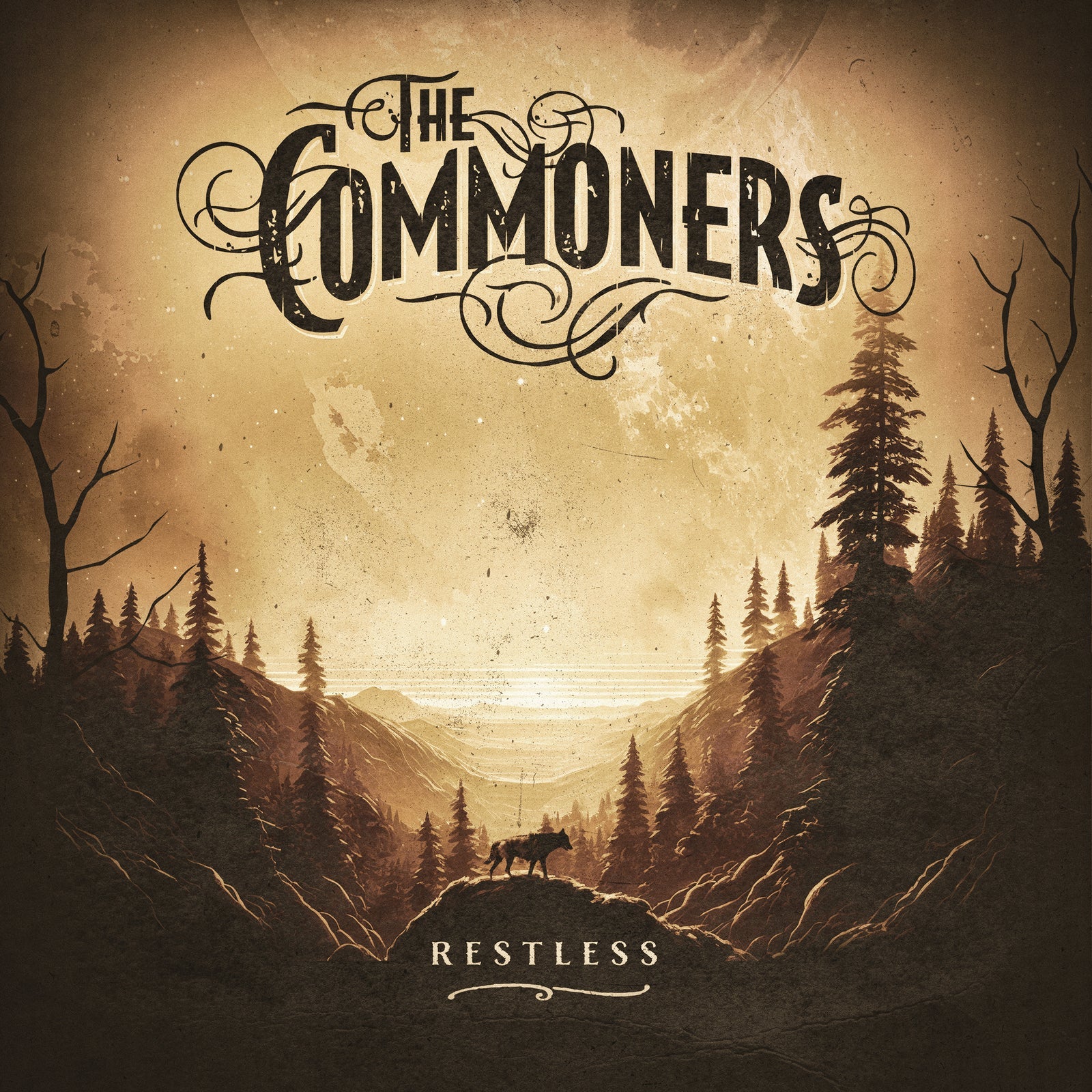 Album cover for The Commoners’ “Restless” featuring a forest landscape.
