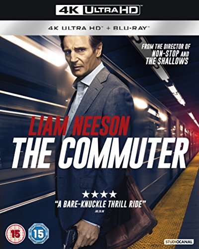 Liam Neeson on "The Commuter" 4K UHD and Blu-ray cover art.