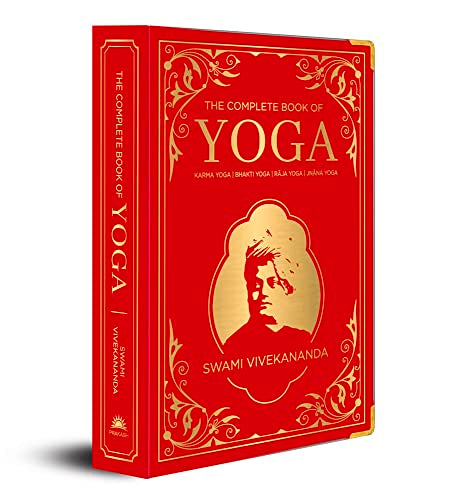 Red hardcover book, “The Complete Book of Yoga” with a portrait of Swami Vivekananda.