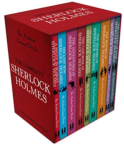 Red boxed set of "The Complete Sherlock Holmes" novels by Arthur Conan Doyle.