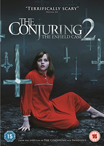 The Conjuring 2" DVD cover featuring a girl in a red dress.