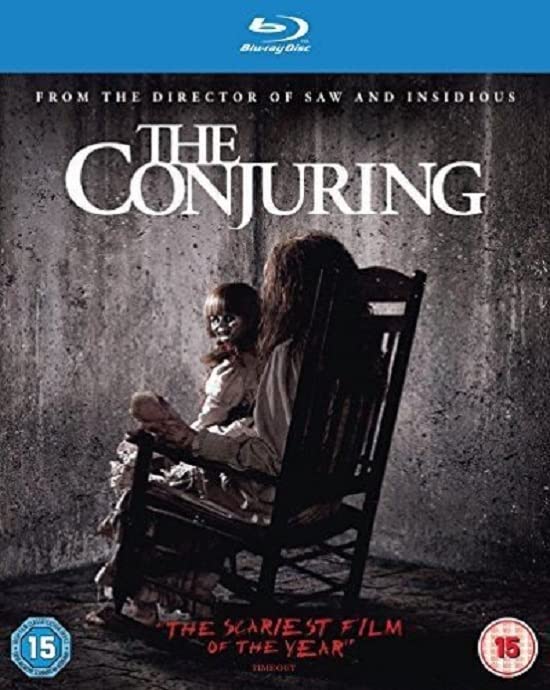 The Conjuring" Blu-ray cover featuring a girl and shadowy figure.