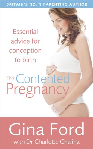 Book cover: “The Contented Pregnancy” with a smiling pregnant woman.