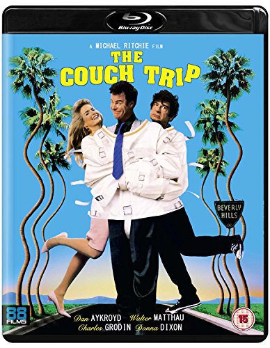 Blu-ray cover for The Couch Trip featuring Dan Aykroyd in a straitjacket with others.
