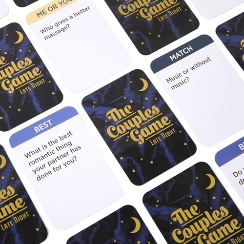 Close-up of "The Couples Game Late Night" cards with questions.
