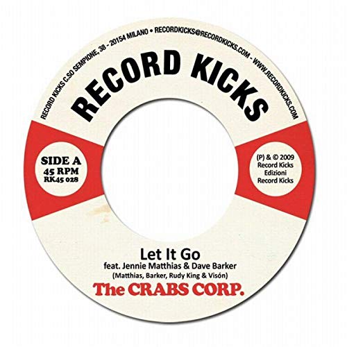 Red and white vinyl record label with "The Crabs Corp." text.