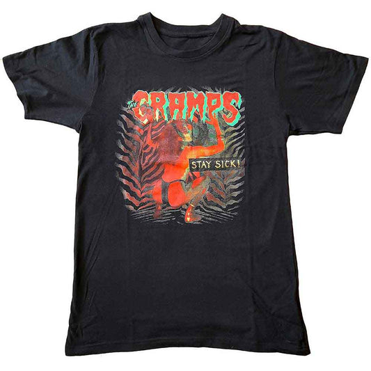 A man wearing a black The Cramps Stay Sick t-shirt with graphic print.