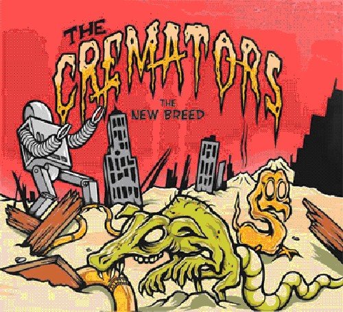 CD cover art: robot, monster, and ruined city in cartoon style.
