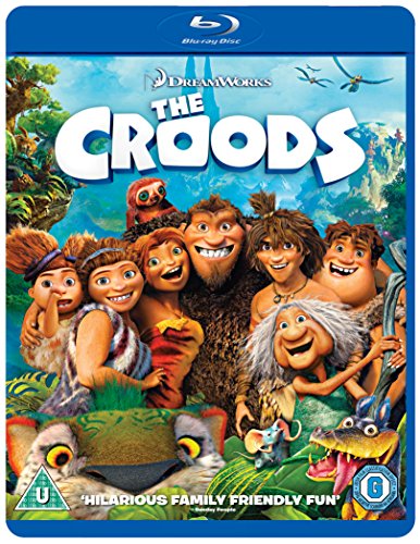 Blu-ray cover for "The Croods" featuring the caveman family and creatures.