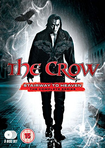 DVD cover featuring a man in black walking on a rainy street with a crow.
