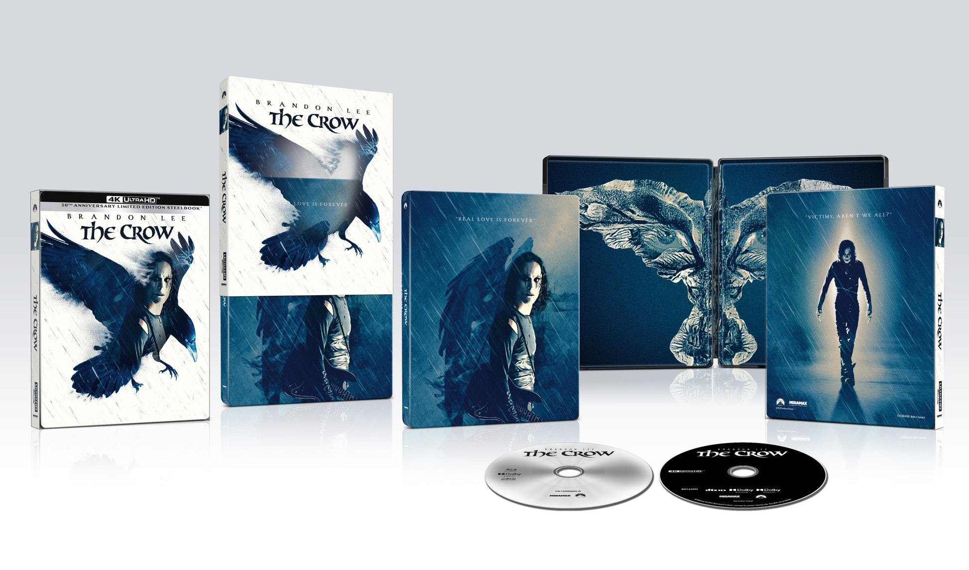 The Crow SteelBook Blu-ray featuring Eric Draven in the rain with wings behind him.