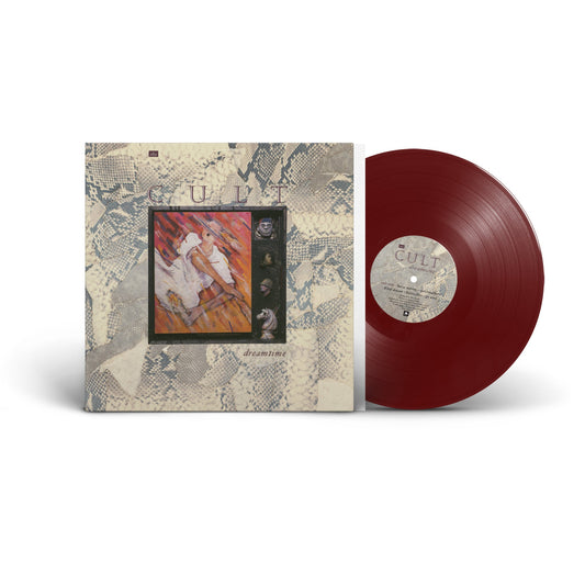 Dreamtime" vinyl record by The Cult, with oxblood red disc and patterned cover.