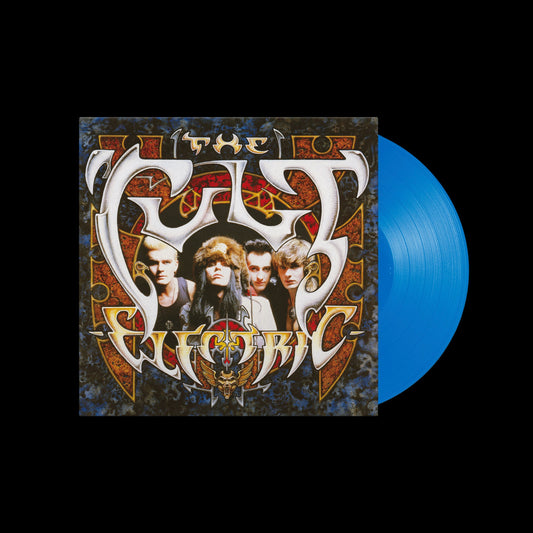 The Cult Electric album cover with a blue vinyl record disc on the right.