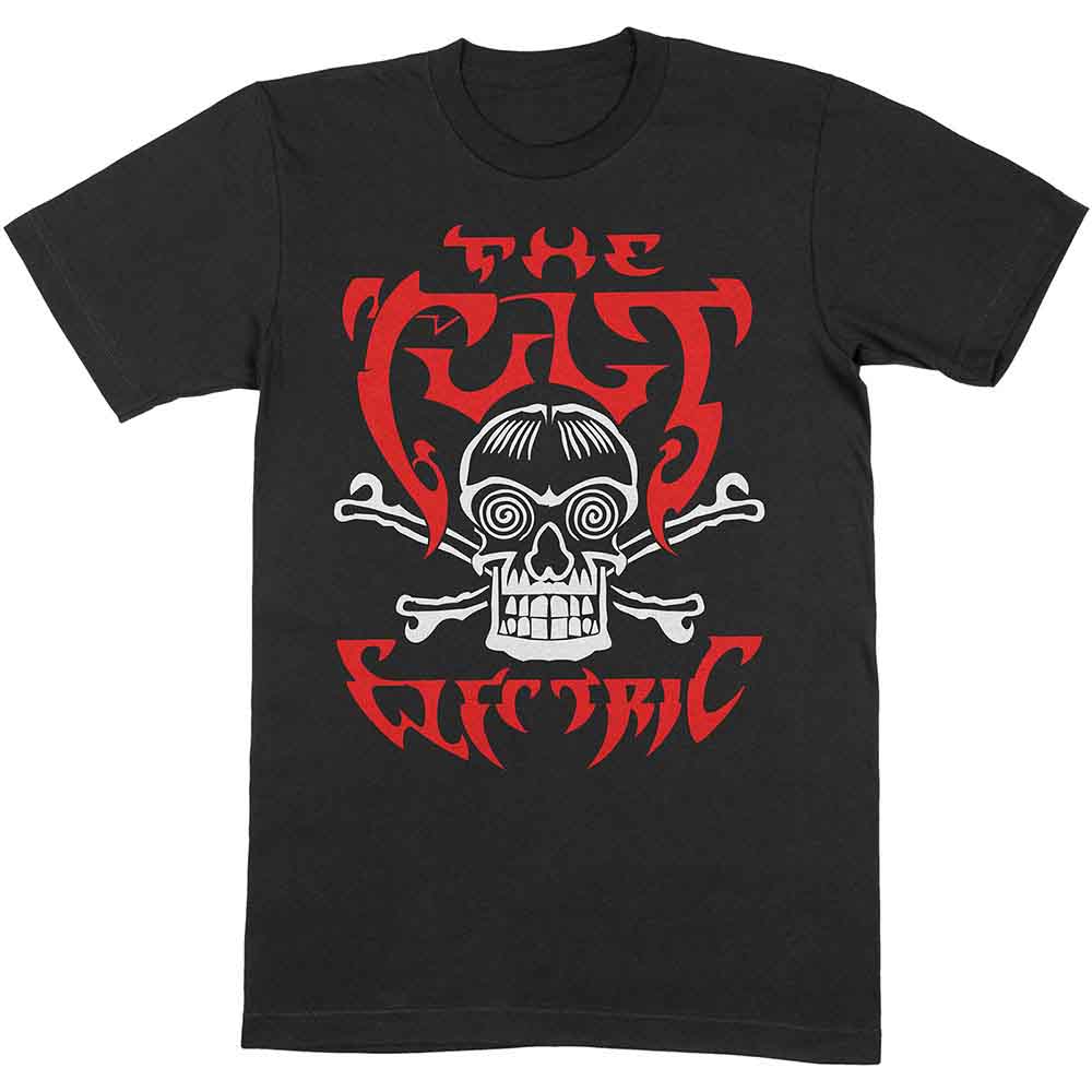 Black t-shirt with red and white skull and bones graphic.