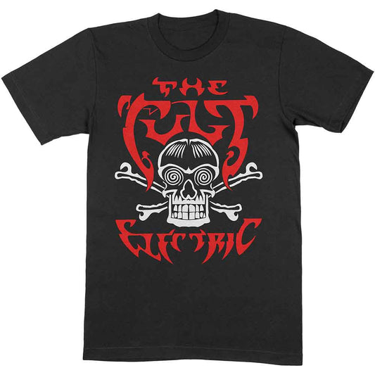 Black t-shirt with red and white skull and bones graphic.