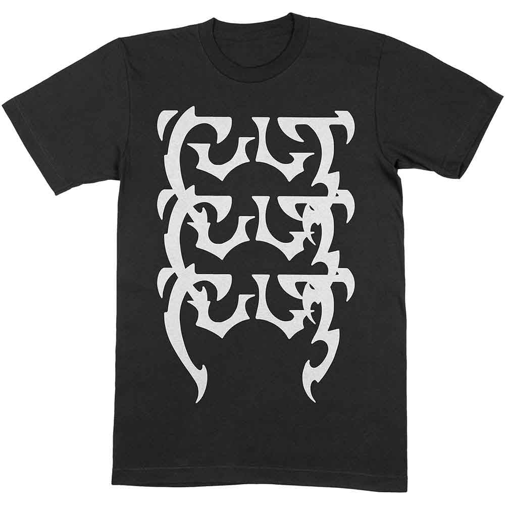 Black t-shirt with repeating white "Cult" logo design centered on the chest.