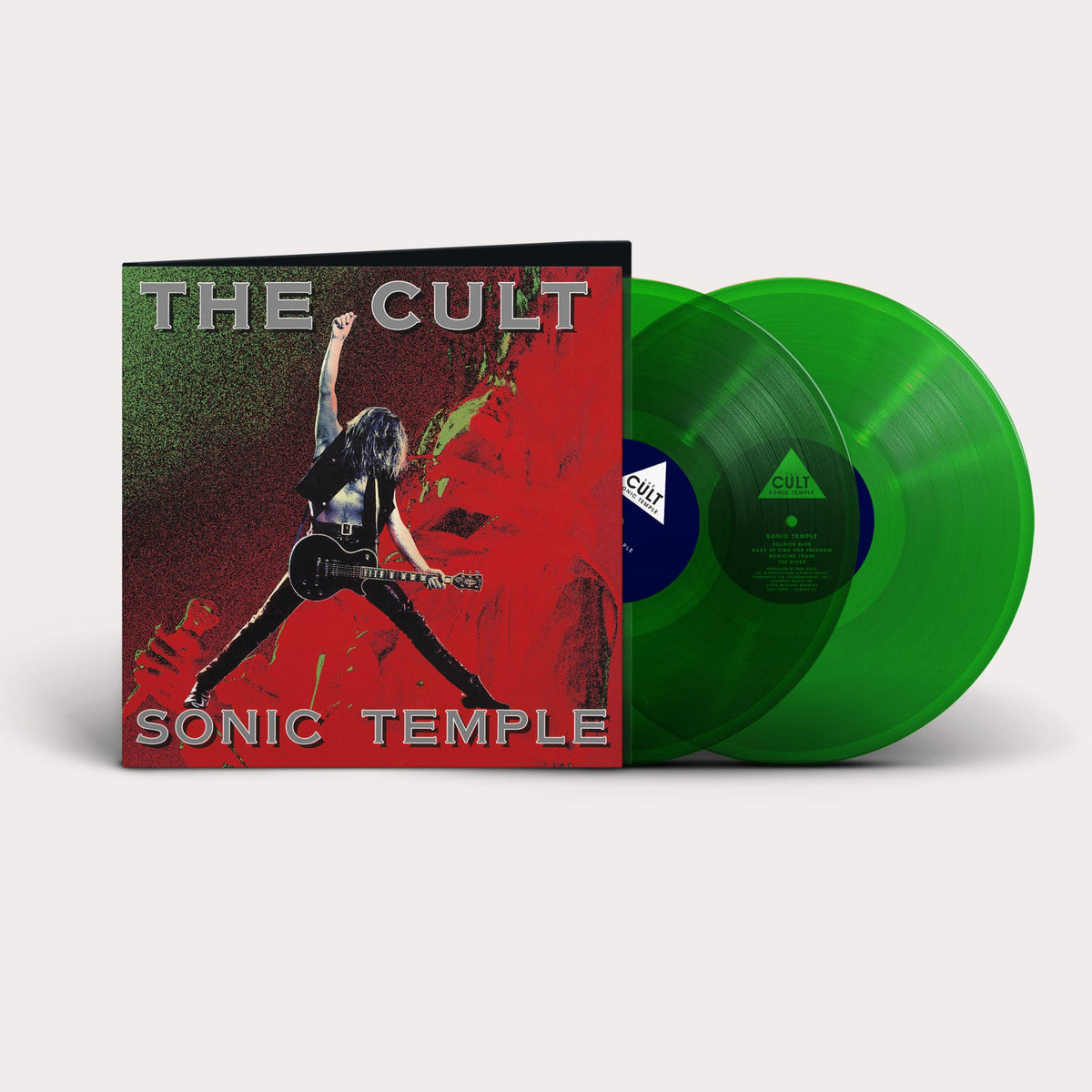 “Sonic Temple” vinyl LP by The Cult, with green colored records and red cover.