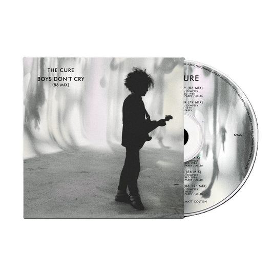 CD case and disc for The Cure’s “Boys Don’t Cry” album, black and white.