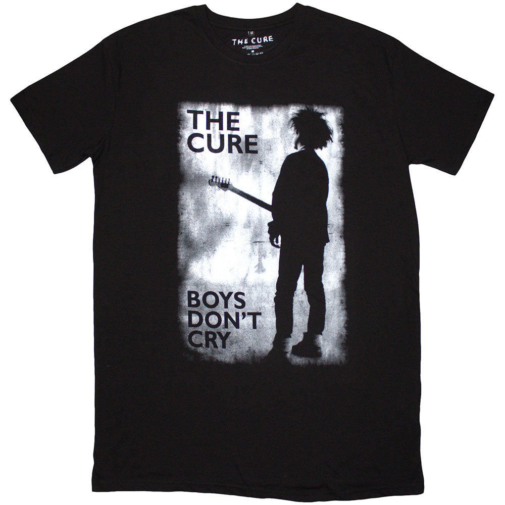 Black t-shirt featuring a white silhouette of Robert Smith and "Boys Don't Cry" text.