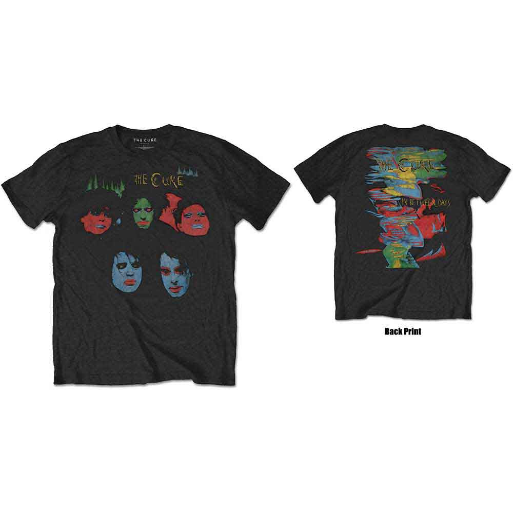 Black t-shirt with colorful graphic of band members from The Cure.