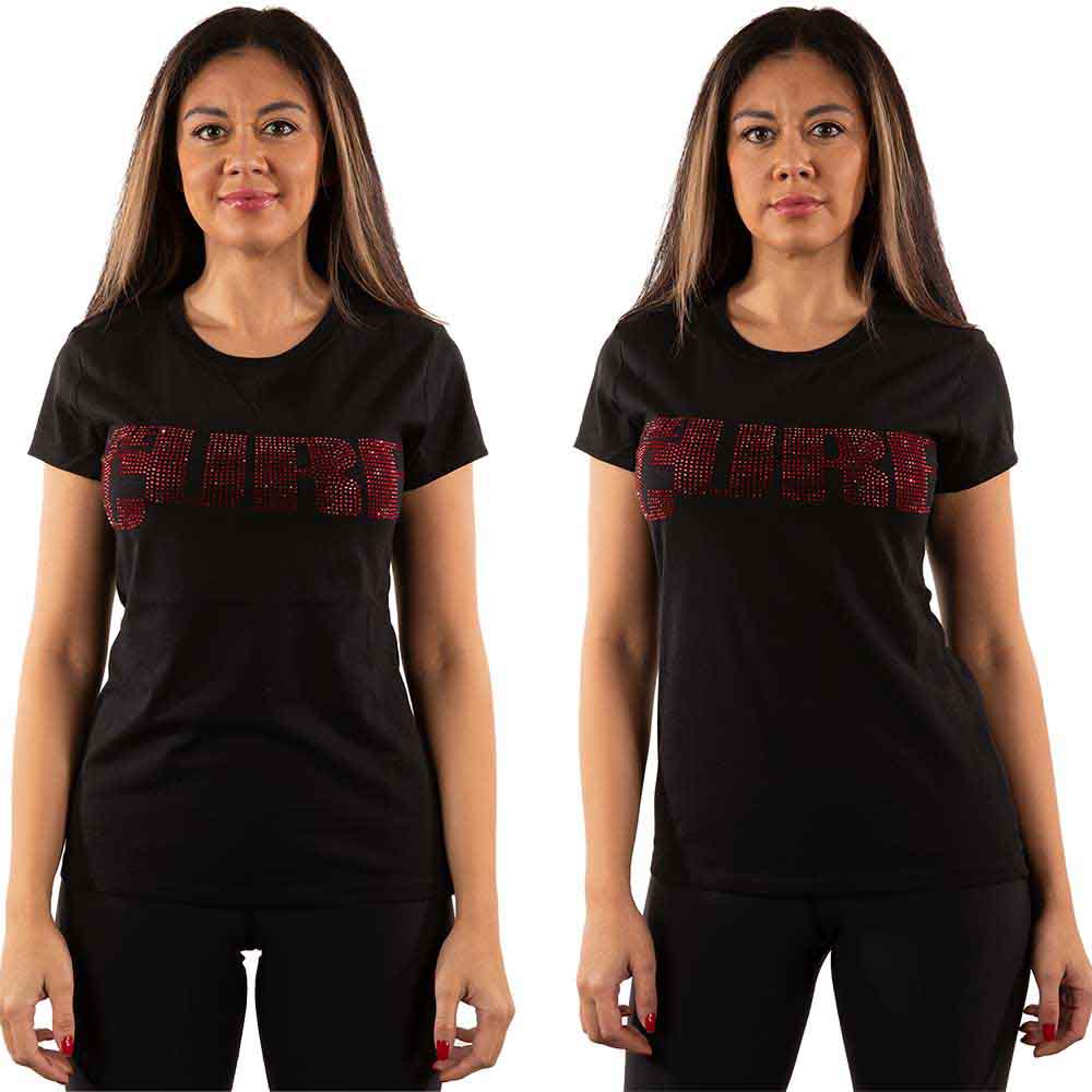 Black ladies' t-shirt with The Cure logo in sparkling diamante stones.