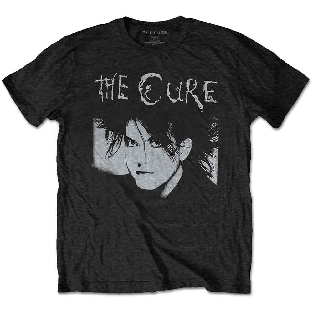 Man wearing a black t-shirt with a portrait of Robert Smith.