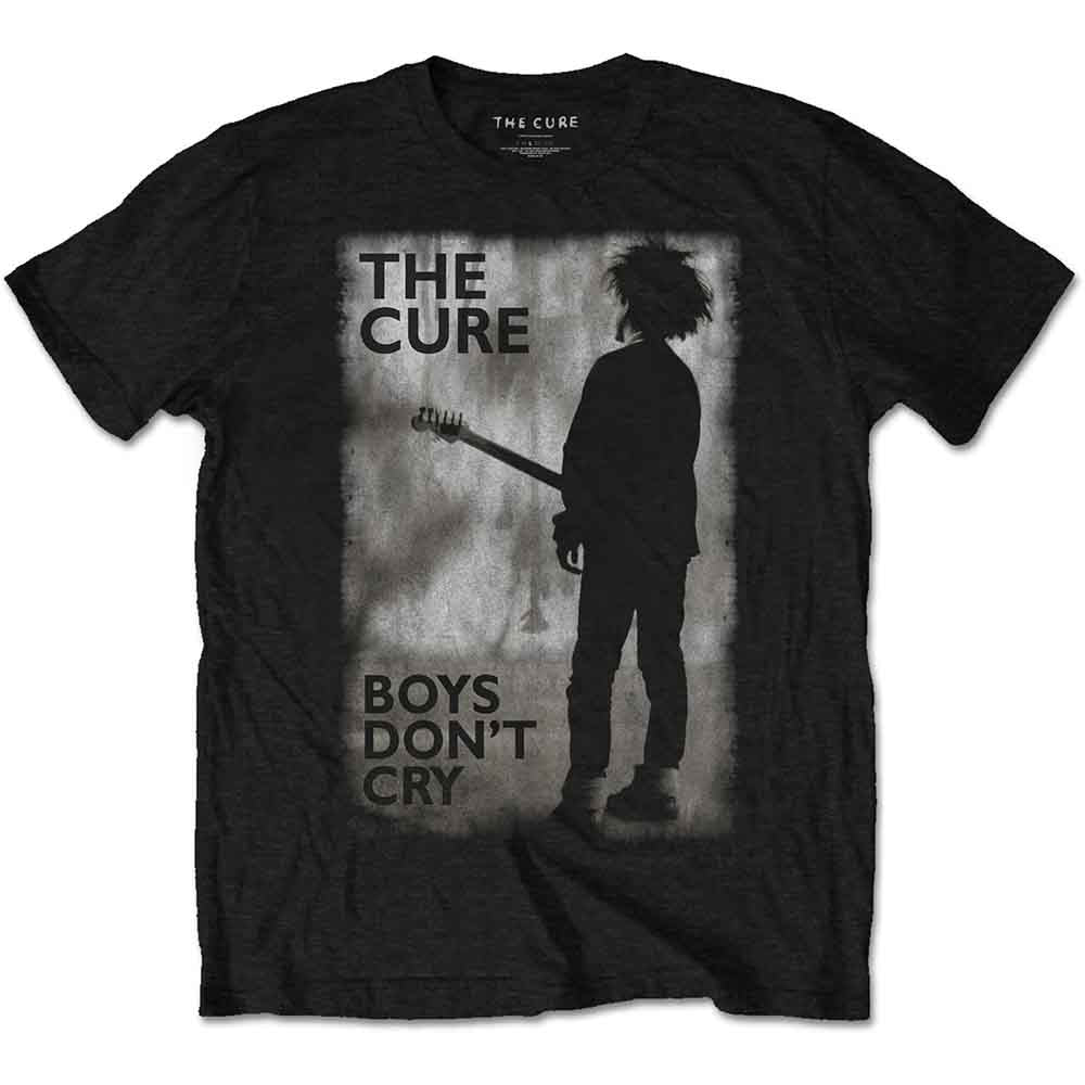 Black t-shirt with a white graphic of The Cure's "Boys Don't Cry" album art.