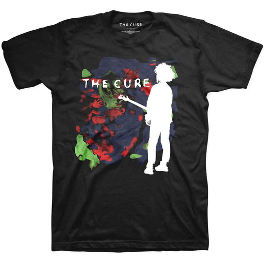 Black t-shirt featuring a white silhouette of a guitarist and The Cure logo.