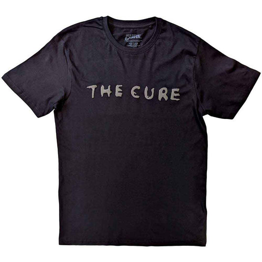 Large black t-shirt with white circular logo of the band The Cure.