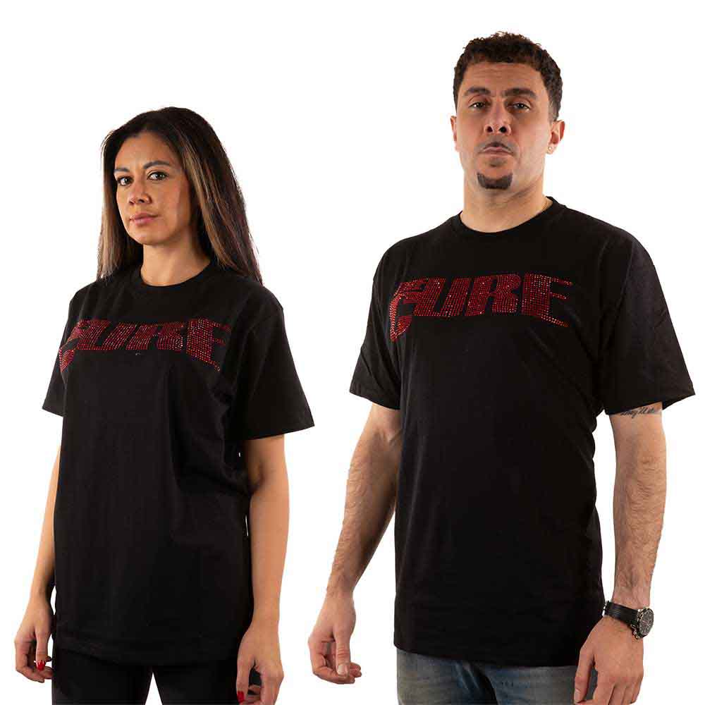 Black t-shirt with The Cure logo in sparkling diamante stones, size large.