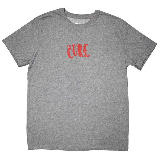 Black unisex t-shirt featuring a small white The Cure logo on the chest.