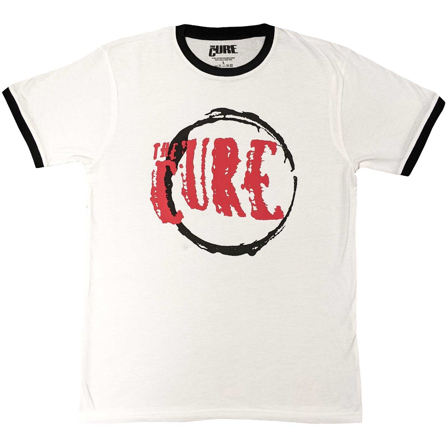 Medium, black ringer t-shirt with The Cure’s circular logo printed on chest.