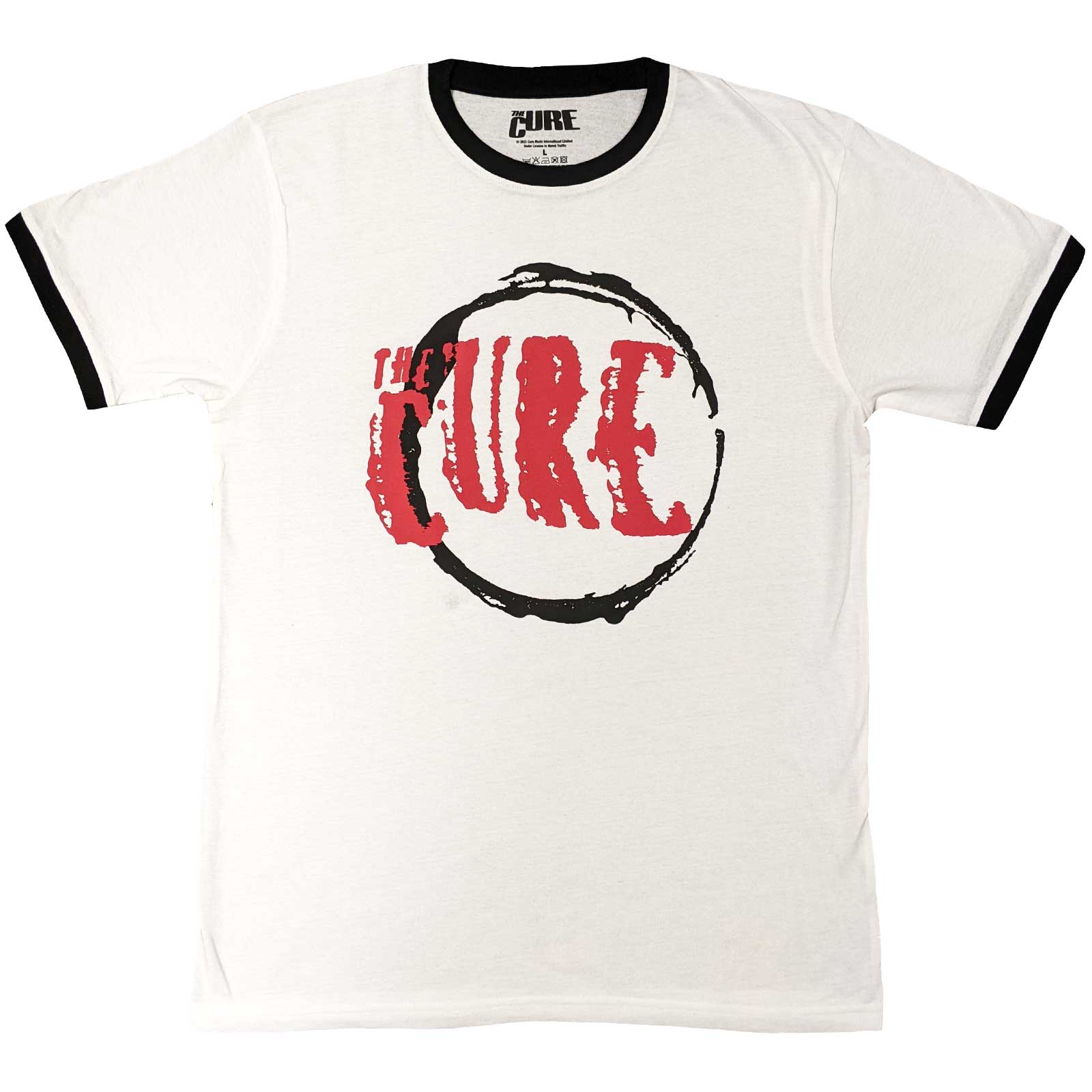 Medium, black ringer t-shirt with The Cure’s circular logo printed on chest.