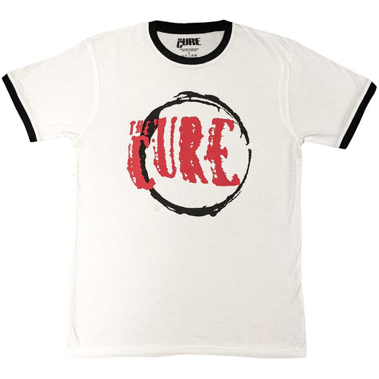 Medium, black ringer t-shirt with The Cure’s circular logo printed on chest.