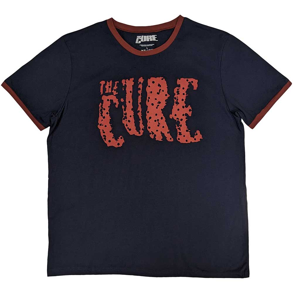 Medium, black ringer t-shirt featuring The Cure band logo on the chest.
