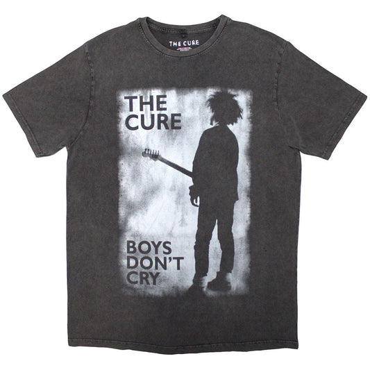 Charcoal grey, stone wash t-shirt with black and white "Boys Don't Cry" print.