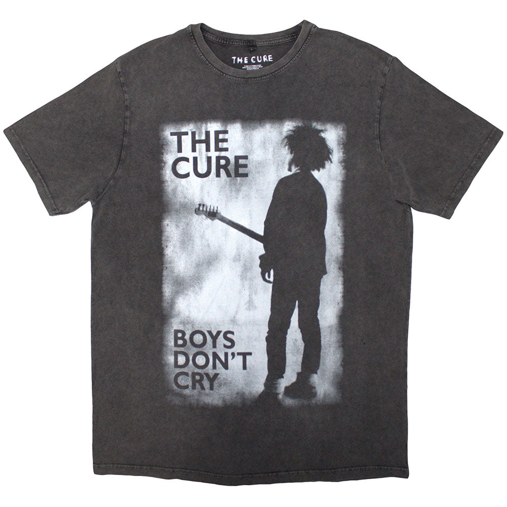 Charcoal grey, stone wash t-shirt with black and white "Boys Don't Cry" print.