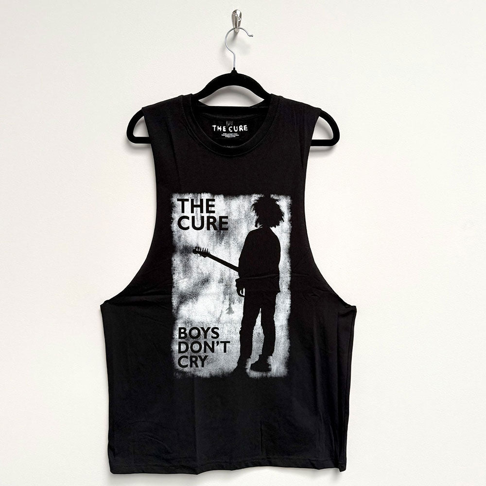 Black vest t-shirt with white "Boys Don't Cry" text, inspired by The Cure.