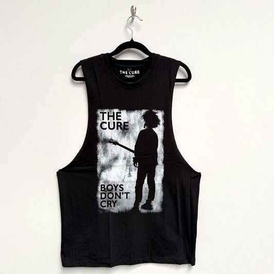 Black vest t-shirt with white "Boys Don't Cry" text, inspired by The Cure.