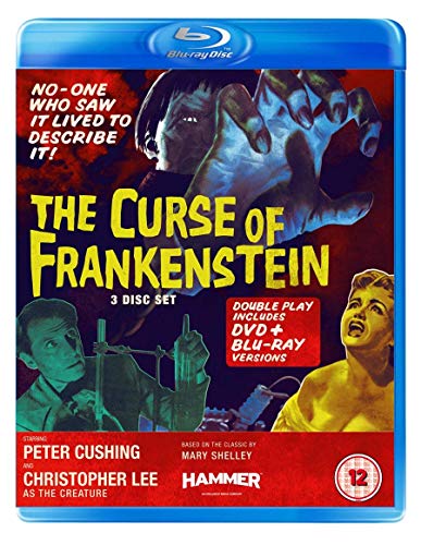 The Curse of Frankenstein" Blu-ray cover featuring Peter Cushing and Christopher Lee.