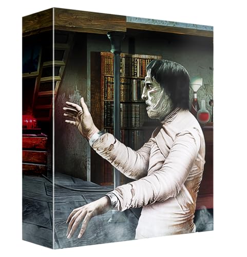Frankenstein's monster in bandages stands in a library with laboratory equipment in the background.
