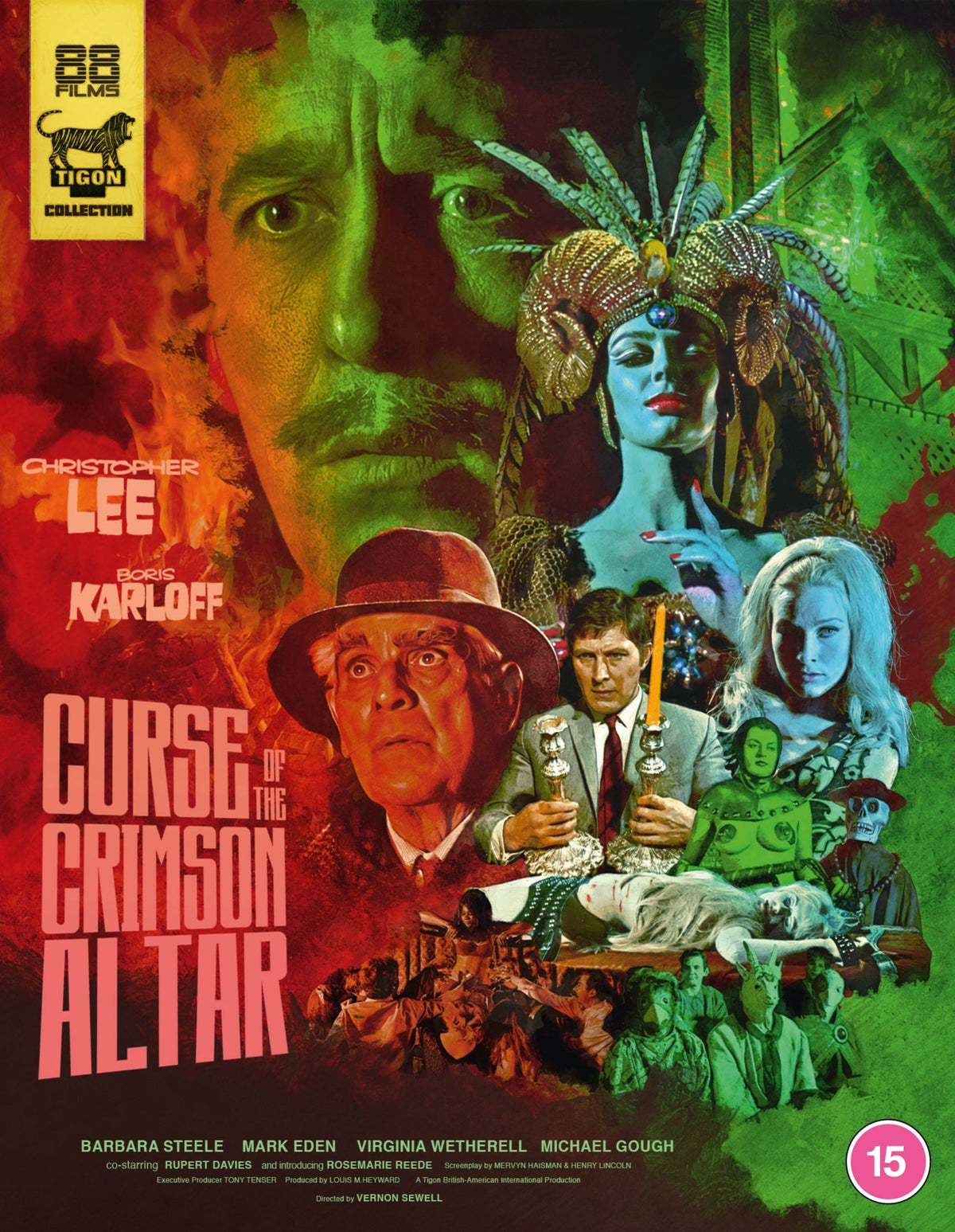 Blu-ray cover for "The Curse of the Crimson Altar" featuring Christopher Lee.