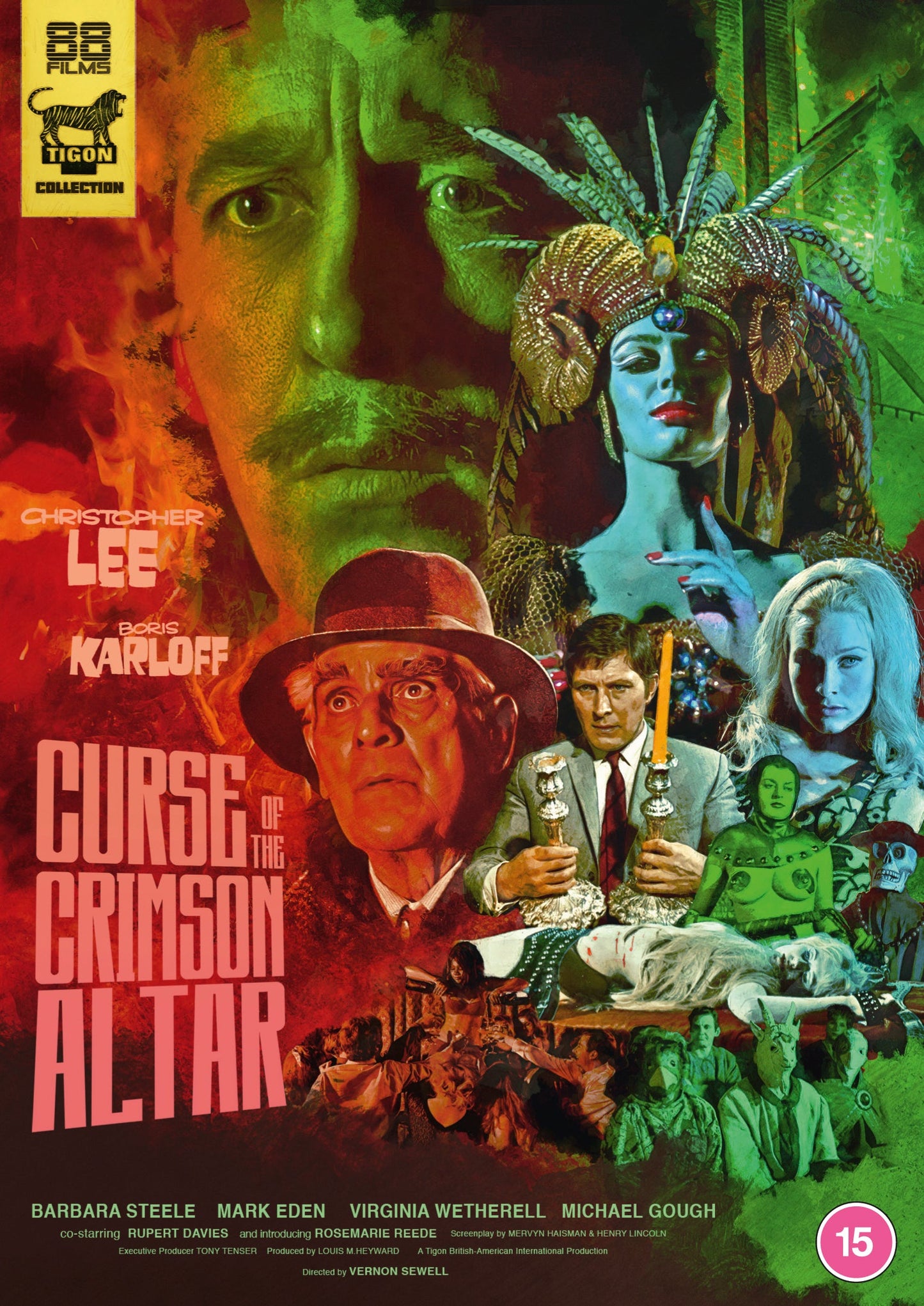 DVD cover for "The Curse of the Crimson Altar" featuring actors and a temple.