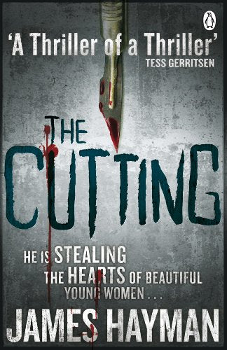 Book cover for "The Cutting" featuring a bloodied scalpel and bold title.