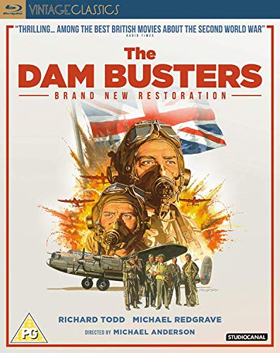 The Dam Busters" Blu-ray cover featuring pilots and a Lancaster bomber.